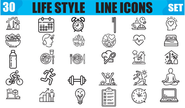 Lifestyle line icons collection covering daily habits and health eps 10