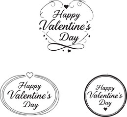 Collection of Romantic Valentine's Day Typography Set of Three Black and White Designs Featuring Elegant Script, Circular Badges, and Heart-Centric Graphics