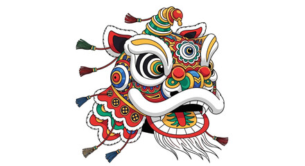 Fototapeta premium A colorful illustration of a lion dance character with intricate designs and patterns, symbolizing the Lunar New Year and traditional Chinese culture on a white background with a red and