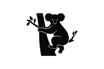 Fototapeta premium Silhouette koala with white eyes and nose climbing up tree branch with leaves on white background