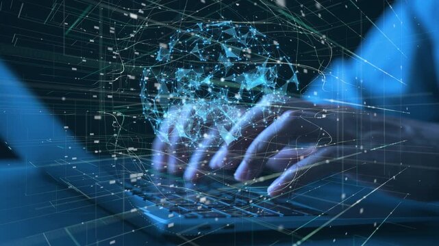 global digital hologram network businessman hands typing on a laptop with a glowing virtual. Future technology concept featuring artificial intelligence, big data analytics