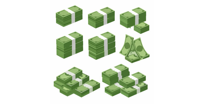 Cartoon dollar banknotes bundles and stacks flat vector illustration set