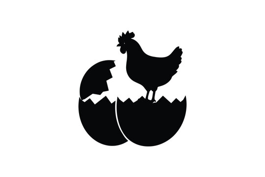 Minimalist black silhouette icon of chicken hen standing inside cracked egg shells representing new life birth