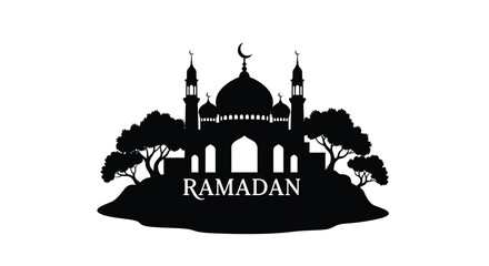 Ramadan Mosque Silhouette with Crescent Moon and Trees in Black and White © Rohima