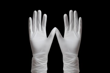 White medical gloves creating a w shape with fingers spread open, isolated against a black backdrop