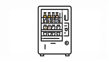 Line drawing of a vending machine with various beverage bottles inside
