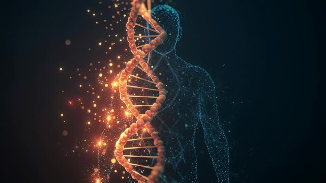 Abstract visualization of a human silhouette overlaid with glowing DNA strands, future self-optimization concept, clean editorial science style