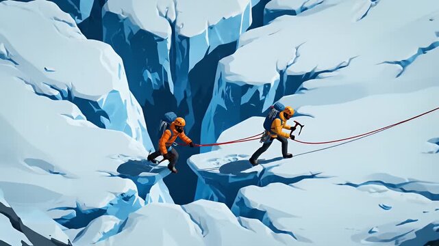 Two climbers crossing icy mountain chasm with rope and ice axe