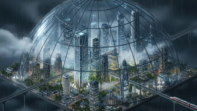 Dome-covered metropolis, rainy futuristic cityscape