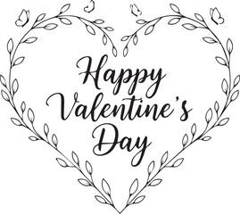 Delicate Heart Floral Wreath Elegant Black and White Valentine's Day Greeting Featuring Cursive Script Encircled by a Leafy Heart-Shaped Vine with Butterflies