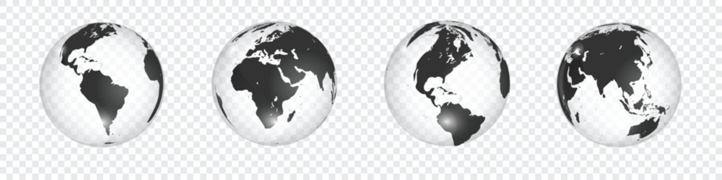 Set of four globes showing different continents iso