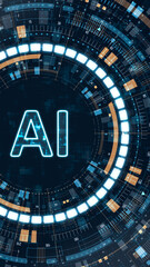 Vertical artificial intelligence concept with glowing AI text and futuristic HUD interface, digital data elements and circular technology design for innovation, automation