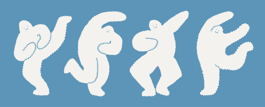 Illustration of white clouds on light blue background. Human or yeti bigfoot dancing character, cloud shape smiling mascot. Cloud dancer and blue colors.  Print for kids, banner design. Cute simple.