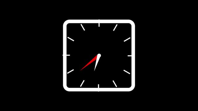 Minimalist white square clock face with black hour and minute hands and a red second hand indicating approximately 10:50 against a solid black background with no discernible texture or additional