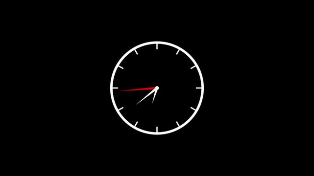 Minimalist white analog clock face with black hour and minute hands and a red second hand indicating approximately 10:50 against a solid black background with no discernible texture or additional