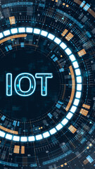 Vertical Internet of Things concept with glowing IoT text and futuristic HUD interface, circular digital elements and data visualization designed for smart technology and connected devices marketing.