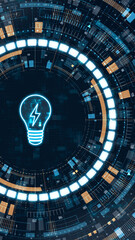 Vertical glowing light bulb icon with futuristic HUD interface, symbolizing innovation, creative ideas, smart energy technology and digital transformation concepts.