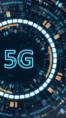 Vertical futuristic 5G network concept with glowing HUD interface, circular digital elements and data visualization, designed for technology marketing, telecom innovation