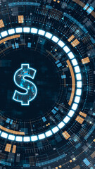 Vertical glowing dollar symbol with futuristic HUD interface, representing digital finance, fintech innovation, online payments and modern financial technology concepts.