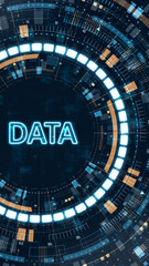 Vertical glowing data text with futuristic HUD interface and circular digital elements, representing big data, analytics, information technology and digital transformation concepts.
