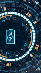 Vertical glowing battery icon with futuristic HUD interface, representing energy storage, power technology, battery status and digital energy management concepts.