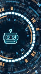 Vertical robot head icon with glowing lines and futuristic HUD interface, symbolizing artificial intelligence, automation, robotics and advanced digital technology concepts.
