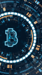 Vertical glowing bitcoin symbol with futuristic HUD interface, representing cryptocurrency, blockchain technology, digital assets and financial innovation concepts.