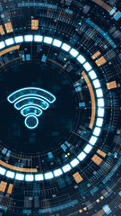 Vertical glowing wifi symbol with futuristic HUD interface, representing wireless connectivity, internet access, network technology and digital communication concepts.
