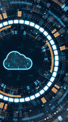 Vertical digital cloud icon with glowing HUD interface and data elements, representing cloud computing, online storage, network technology and digital transformation concepts.