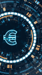 Vertical glowing euro symbol with futuristic HUD interface, representing digital payments, global finance, fintech solutions and modern financial technology concepts.