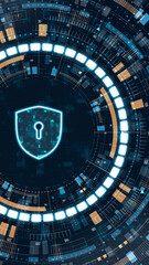 Vertical digital security shield icon with glowing HUD interface, representing cybersecurity, data protection, privacy and information security technology concepts.