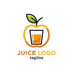Modern minimalist juice logo design featuring an orange apple outline with a green leaf and a glass of fresh orange juice inside, ideal for beverage brands.