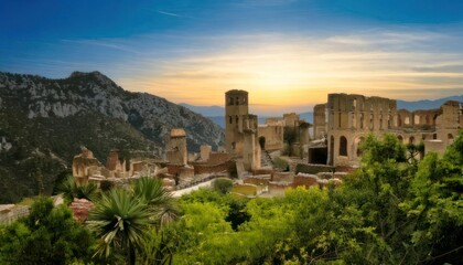 Fototapeta premium Ancient Fortress Ruins at Sunset - A Majestic Landscape of History and Nature.