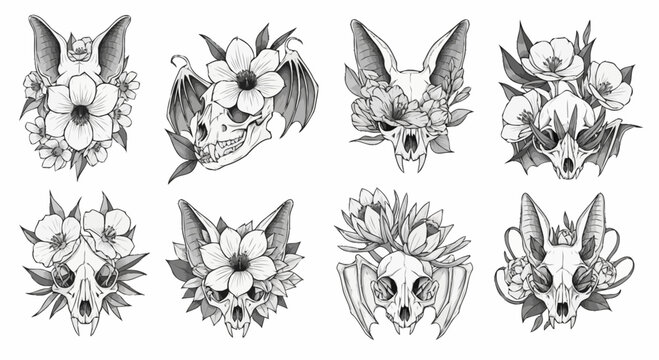 Collection of detailed floral and animal themed illustrations featuring flowers leaves insects and a fox for creative projects