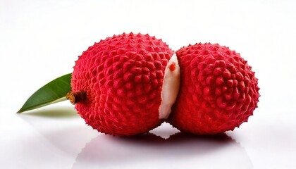 Close-up of Freshly Cut Lychee Fruit with Leaf on White Background.
