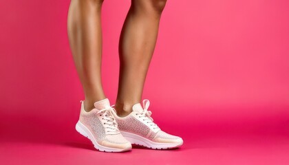 Close-up of womans legs and feet wearing stylish white sneakers on pink background.
