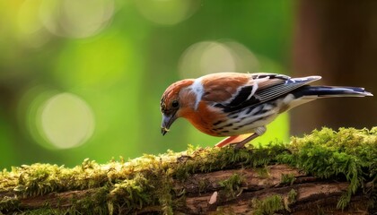 A vibrant close-up of a colorful bird perched on a mossy branch in a lush forest setting.