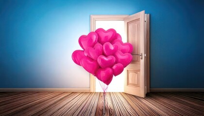 Aesthetic image of a door with pink heart-shaped balloons, symbolizing love and romance.