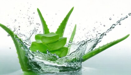 Aloe Vera Plant Slices with Water Splash, Refreshing and Natural Concept.