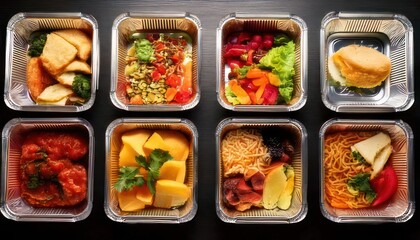 Assortment of Prepared Meals in Aluminum Containers for Convenient Dining.