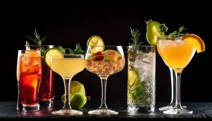 Assortment of Refreshing Cocktails - A Vibrant Display of Mixed Drinks for Celebration and Enjoyment.