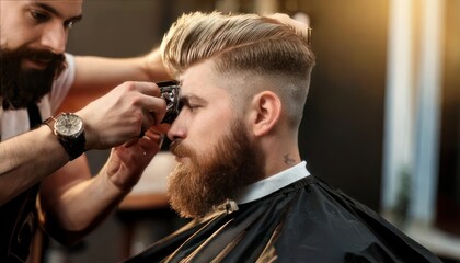 Barber giving a stylish haircut to a bearded man in a salon setting.