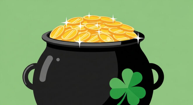 Black cauldron filled with gold coins and a shamrock on st patrick's day with green background
