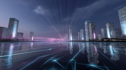Fototapeta premium Virtual reality metaverse landscape with floating cities, energy lines and surreal futuristic design