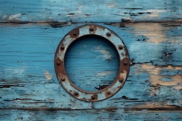 Close up of a rusty porthole on a weathered blue wooden wall, evoking a sense of maritime history and adventure