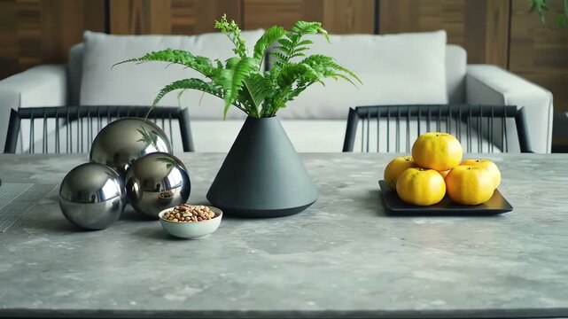 Stylish gray table setting with silver spheres, fern in vase, and tangerines on black plate; modern design and decoration for home interior decor