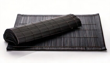 Black bamboo sushi rolling mat and serving tray, perfect for homemade sushi rolls.