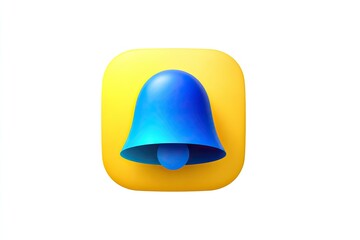 A 3D rendered notification bell icon with a blue bell on a rounded yellow square