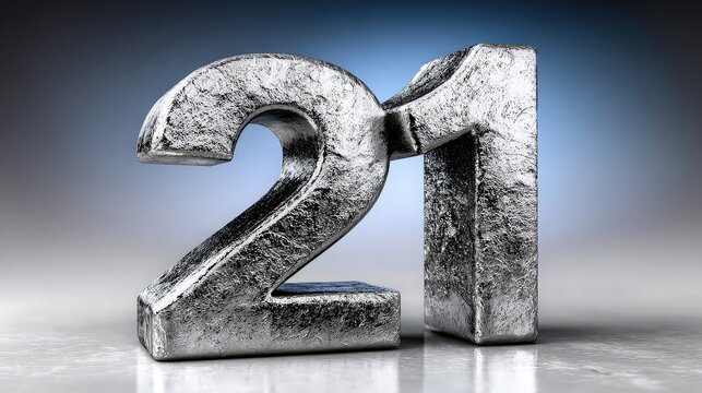 3D Number 21 with Rough Hammered Silver Metallic Texture