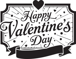Vintage Valentine's Day Ribbon Badge Retro Black and White Greeting Emblem with Elegant Script Typography, Starburst Details, and a Blank Banner